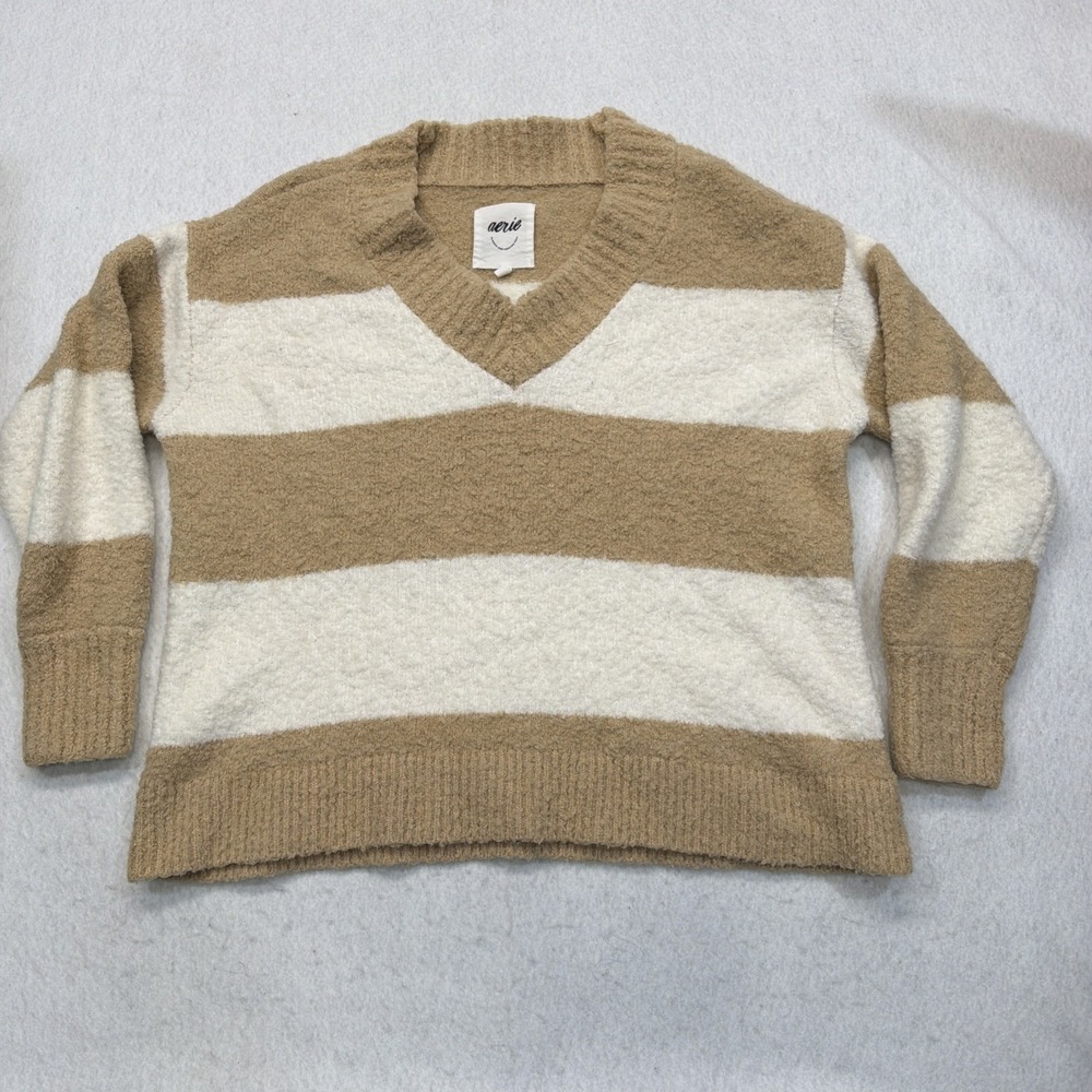 Aerie Teddy Boucle Oversized Sweater Women Sz Large Striped Tan V Neck Pullover